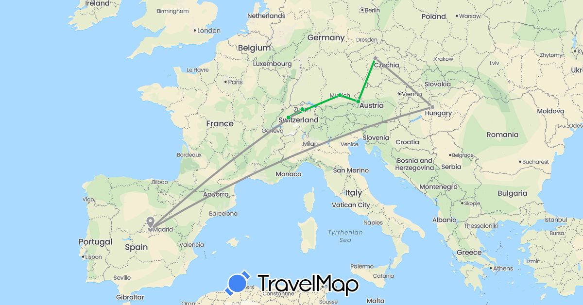 TravelMap itinerary: driving, bus, plane in Austria, Switzerland, Czech Republic, Germany, Spain, Hungary (Europe)