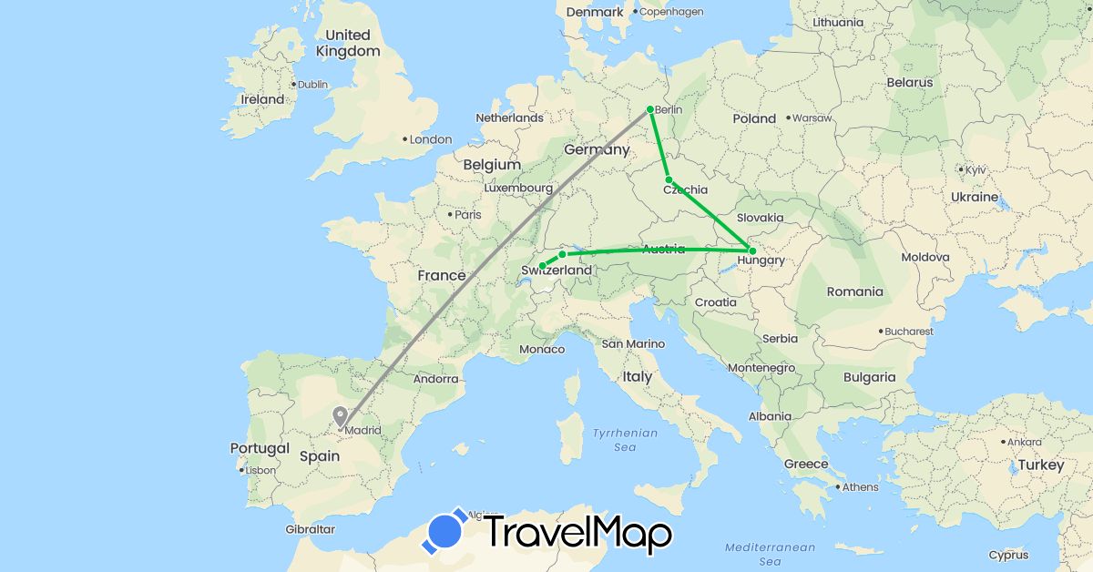 TravelMap itinerary: driving, bus, plane in Switzerland, Czech Republic, Germany, Spain, Hungary (Europe)